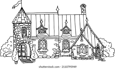 Image of a house and a plot of land ,sketch of a house, linart, abstraction, wall art ,coloring book for adults,black and white linear illustration ,vector.