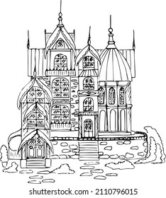 Image of a house and a plot of land ,sketch of a house, linart, abstraction, wall art ,coloring book for adults,black and white linear illustration ,vector.