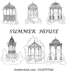 Imagen de una casa y de un terreno, boceto de una casa, linart, abstracción, arte mural, libro de colorear para adultos, ilustración lineal en blanco y negro, vector.