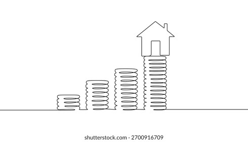 Imagem de uma casa sobre um crescente gráfico de barras de moedas, desenhado com uma linha contínua. Ilustração vetorial.