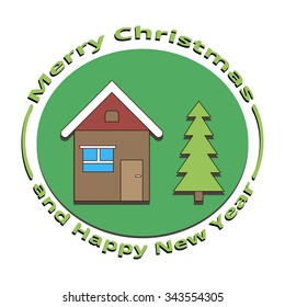 image house and tree on Christmas and New Year, on a white background