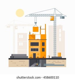 Image of a house under construction. Building design, construction and crane.