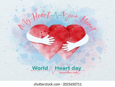 Imagen de manos humanas que abrazan un corazón rojo y frases del Día Mundial del Corazón, ejemplos de textos sobre fondo de patrón de papel azul y blanco. Campaña de afiches en acuarelas y diseño vectorial.