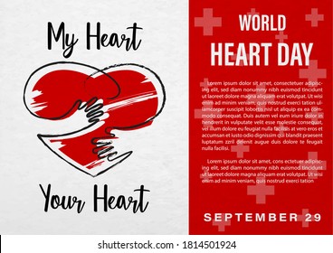 Image of human hands in hand drawn style with acting hug a red heart and wording of World Heart Day, example texts on white and red background. All in vector design.