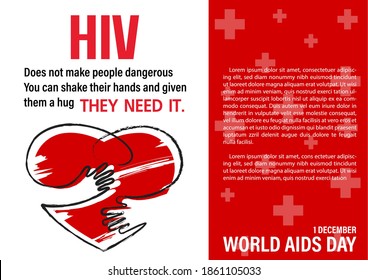 Image of human hands in hand drawn style with acting hug a red heart and slogan wording of World AIDS Day, example texts on white and red background. All in vector design.