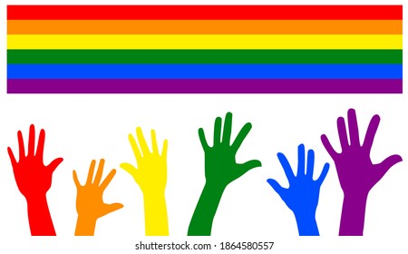 Image of human hands painted in LGBT colors and LGBT flag above them. LGBT pride month. Stock vector illustration