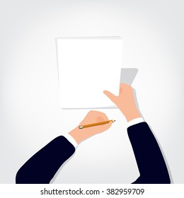 Image of human hands with pencil and eraser on white table blank sheet