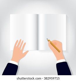 Image of human hands with pencil and eraser on white table blank sheet
