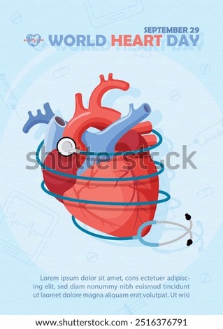 Image of human heart with stethoscope around and wording of World Heart Day, example texts on light blue paper pattern background. Poster's campaign of world heart day in vector design.