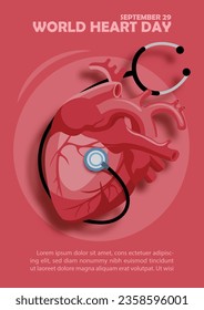 Imagen del corazón humano con estetoscopio y frases del Día Mundial del Corazón, ejemplos de textos sobre fondo rojo. Campaña de afiche del día mundial del corazón en diseño vectorial.