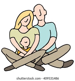 An image of a Husband wife child all cuddling together.