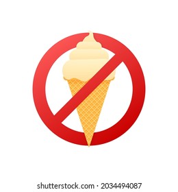 Image of ice cream cone, behind NO sign, on white background. Vector illustration.