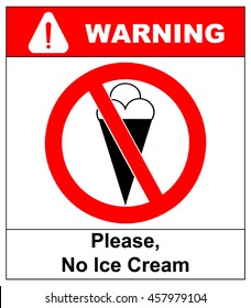 Image of ice cream cone, behind NO sign, on white background Warning sticker for public places Do not eat Vector symbol