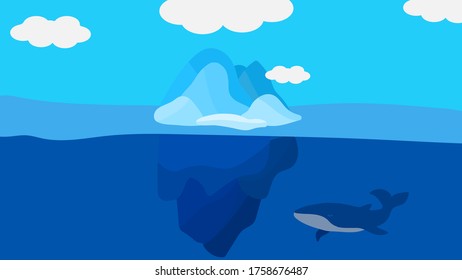 Image of an iceberg with a whale and clouds. Vector image, eps 10