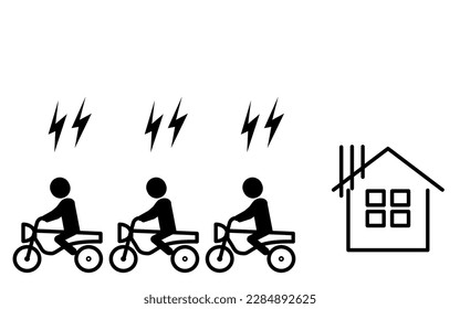 Image icon of a house affected by motorcycle noise, Vector Illustration