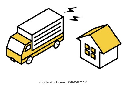 Image icon of a house that suffers noise damage from a 2-ton truck, Vector Illustration