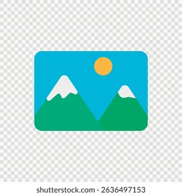 Image Icon Landscape Picture Symbol. Flat style image icon featuring a landscape with mountains and sun. Ideal as a placeholder for image uploads, photo galleries.