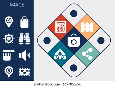 image icon set. 13 filled image icons. Included Bag, Placeholder, Mail, Volume, Wheel, Binoculars, Shopping bag, Fence, Calculator, Tent, Share icons