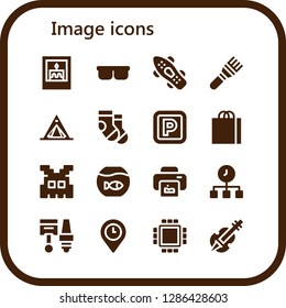  image icon set. 16 filled image icons. Simple modern icons about  - Picture, Sunglasses, Skateboard, Brush, Tent, Socks, Parking, Shopping bag, Space invaders, Fishbowl, Print
