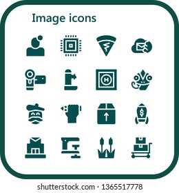 image icon set. 16 filled image icons.  Collection Of - Notification, Cpu, Crepe, Email, Camcorder, Fountain, Helipad, Chameleon, Artist, Pencil, Box, Rocket, Post office, Clamp