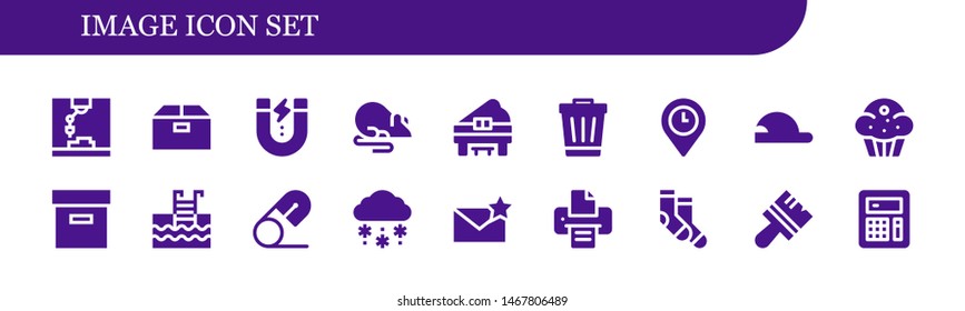 image icon set. 18 filled image icons.  Collection Of - Printer, Box, Content, Rat, Piano, Trash, Placeholder, Baseball cap, Muffin, Swimming pool, Safety pin, Snow, Email, Socks