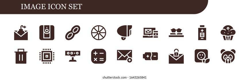 image icon set. 18 filled image icons.  Simple modern icons such as: Email, Camera, Peanut, Wheel, Lamp, Sunglasses, Battery, Muffin, Trash, Cpu, Spotlight, Calculator, Plug, Panda bear