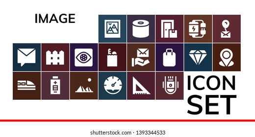 image icon set. 19 filled image icons.  Simple modern icons about  - Picture, Private message, Train, Battery, Pyramids, Clock, Set square, Space capsule, Fence, Capture, Groceries