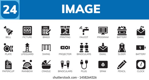 image icon set. 24 filled image icons.  Simple modern icons about  - Bell, Picture, Bingo, Printing, Faucet, Program, Battery, Email, Plate, Lifeguard, Swing, Projector, Binoculars