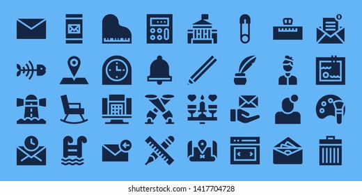 image icon set. 32 filled image icons. on blue background style Simple modern icons about  - Mail, Fish bone, Lighthouse, Email, Placeholder, Rocking chair, Swimming pool, Piano