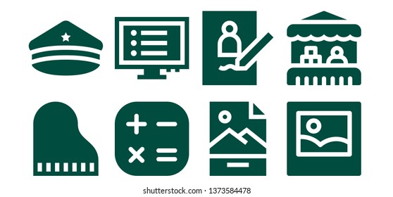 image icon set. 8 filled image icons.  Collection Of - Piano, Police hat, Calculator, Program, Jpg, Picture, Grocery