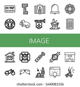 image icon set. Collection of Member card, Vitruvian man, Brushes, Chameleon, Idea, Trumpet, Bell, Paint bucket, Windrose, Calculator, Money, Motorcycle, Candle holder, Sunglasses icons