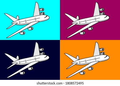 Image, icon, symbol of a passenger plane, airliner. Concept, original design. Vector on colorful background in high resolution. Design element for news, article, travel agency, transportation, website
