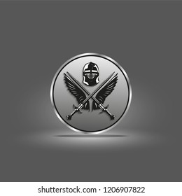 Image of icon with wings of a bird, the two crossed swords and battle helmet. Vector illustration.