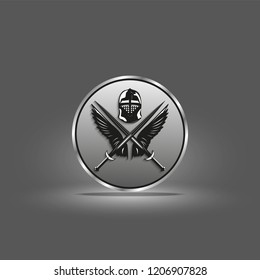 Image of icon with wings of a bird, the two crossed swords and battle helmet. Vector illustration.