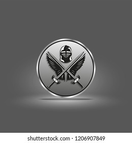 Image of icon with wings of a bird, the two crossed swords and battle helmet. Vector illustration.