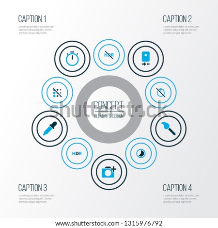 Image icons colored set with add a photo, smartphone, high dynamic range and other photographing elements. Isolated vector illustration image icons.