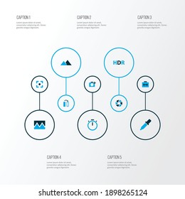 Image icons colored set with shutter, timer, filter and other focus elements. Isolated vector illustration image icons.