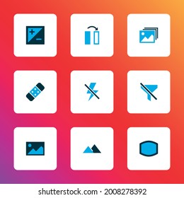 Image icons colored set with wide angle, flip, filter and other no filter elements. Isolated vector illustration image icons.