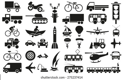 Image icons with different modes of transport - air, land and water on white background.