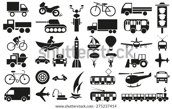 Image icons with different modes of\
transport - air, land and water on white\
background.