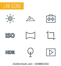 Image icons line style set with photography, multimedia, center focus and other panorama elements. Isolated vector illustration image icons.