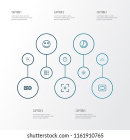 Image icons line style set with chronometer, filtration, light level and other iso elements. Isolated vector illustration image icons.