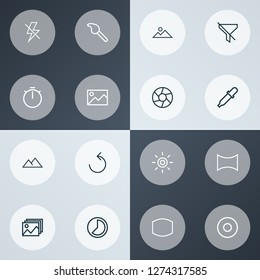 Image icons line style set with mountain, chronometer, wb iridescent and other shutter elements. Isolated vector illustration image icons.