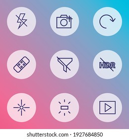 Bildsymbole, die mit Helligkeit, Refresh, Multimedia und anderen Heilelementen eingestellt sind. Isolierte Vektorgrafik-Bildsymbole.