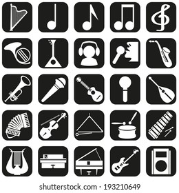 Image icons with music instruments, notes, musicians schematic.