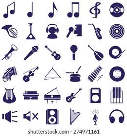 Image icons with music intstrument, notes, musicians schematic on white background.