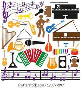Image icons with music intstrumentami, notes, musicians schematic.