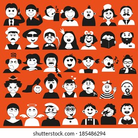 Image icons of people of different ages and emotsiina orange background.
