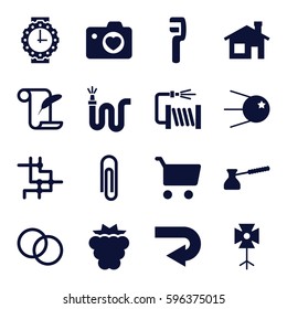 Image Icons Set. Set Of 16 Image Filled Icons Such As Mulberry, House Building, Feather And Paper, Clamp, Water Hose, Heart With Camera, Soft Box, Camera Lense, Turk