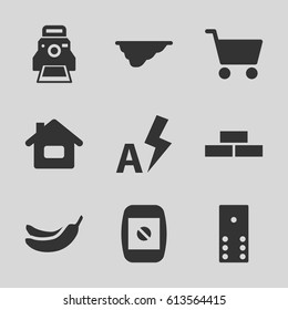 Image icons set. set of 9 image filled icons such as brick wall, Banana, fence, camera display, camera printing photo, auto flash, shopping cart, domino